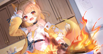 1girl animal_ear_fluff animal_ears arm_up bare_shoulders black_choker blunt_bangs blush breasts brown_hair burning choker dog_ears dog_girl dog_tail dress dutch_angle fangs fire frying_pan hair_intakes highres holding holding_frying_pan indoors jacket large_breasts long_sleeves nagishiro_mito off_shoulder official_art open_clothes open_jacket open_mouth second-party_source short_hair skin_fangs solo strapless strapless_dress suzuhina_chuno tail upper_body veil_project virtual_youtuber yellow_eyes yellow_jacket