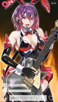 1girl absurdres akiishiguma animal_ears black_gloves bodysuit breasts commentary_request elbow_gloves fake_animal_ears gloves guitar highres holding holding_guitar holding_instrument idol instrument latex latex_bodysuit looking_at_viewer microphone multicolored_hair music open_mouth original playboy_bunny playing_guitar playing_instrument purple_eyes purple_hair red_hair ribbon short_hair singing skin_tight skirt solo teeth