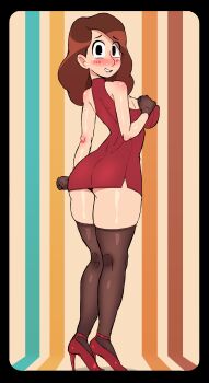 1girl ass black_eyes black_gloves black_thighhighs blush breasts brown_hair covered_erect_nipples dress embarrassed eyes_visible_through_hair from_behind gloves high_heels hilda_(series) johanna_(hilda) large_breasts long_hair looking_at_viewer looking_back mature_female nervous_smile red_dress red_shoes rukisan(pixiv) shoes short_dress sleeveless sleeveless_dress smile standing striped_background teeth thick_thighs thighhighs thighs