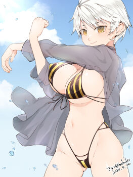 1girl artist_name bikini black_bikini blue_eyes blush breasts cleavage cloud cloudy_sky covered_erect_nipples cross-body_stretch dated front-tie_bikini_top front-tie_top gluteal_fold highres jacket kinako_(mzknk0) large_breasts light_rays looking_at_viewer micro_bikini miyabi_(senran_kagura) multicolored_bikini navel see-through_clothes see-through_jacket senran_kagura senran_kagura_shinovi_versus shiny_skin short_hair signature sky smile solo stretching striped_bikini striped_clothes sunbeam sunlight swept_bangs swimsuit twitter_username two-tone_bikini underboob vertical-striped_bikini vertical-striped_clothes water water_drop white_hair yellow_bikini yellow_eyes