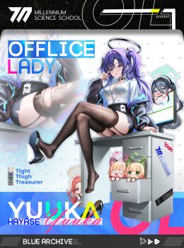 5girls absurdres adjusting_eyewear animal_ear_headphones animal_ears aris_(blue_archive) black_hair black_halo black_jacket black_shoes black_skirt black_thighhighs blank_eyes blonde_hair blue_archive blue_halo blush breasts cat_ear_headphones cat_ears cleavage collared_shirt crossed_legs fake_animal_ears forehead game_development_department_(blue_archive) glasses green_eyes green_halo halo headphones high_heels highres jacket large_breasts long_hair midori_(blue_archive) moleshi momoi_(blue_archive) multiple_girls office_lady on_table open_clothes open_jacket open_mouth pink_halo purple_eyes purple_hair red_hair shirt shoe_dangle shoes short_hair sidelocks single_shoe sitting skirt table thighhighs two_side_up white_jacket white_shirt yellow_halo yuuka_(blue_archive) yuzu_(blue_archive)