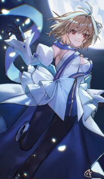 Rule 34 | 1girl, ahoge, arcueid brunestud, arcueid brunestud (mooncancer), arms at sides, bare shoulders, black gloves, black pantyhose, blue ribbon, breasts, cleavage, detached sleeves, dress, falling petals, fate/grand order, fate (series), floating clothes, floating hair, flower, gloves, gold trim, hair between eyes, hair flower, hair intakes, hair ornament, hashtag-only commentary, highres, jiajiayu, jumping, looking at viewer, moon, night, pantyhose, petals, ribbon, smile, solo, standing, standing on one leg, wavy hair, white dress