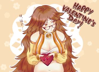 1girl absurdres averting_eyes bare_shoulders bindi black-framed_eyewear blush breasts brown_eyes brown_hair cleavage fate/extra fate/extra_ccc fate/grand_order fate_(series) ganesha_(fate) glasses highres jinako_carigiri large_breasts lilynee long_hair long_sleeves midriff navel open_mouth plump solo translation_request twitter_username valentine very_long_hair