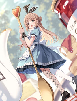 1girl :d alice&#039;s_adventures_in_wonderland alice_(alice_in_wonderland) apron asymmetrical_legwear black_hairband black_pantyhose black_shoes blue_dress blurry blurry_background blush bow_hairband brown_eyes brown_hair commentary_request dress fishnet_pantyhose fishnets frilled_apron frilled_dress frilled_sleeves frills full_body hair_bun hairband highres holding holding_spoon irori jar long_hair looking_at_viewer mismatched_legwear open_mouth original oversized_object pantyhose shoes smile solo spoon standing white_apron white_pantyhose
