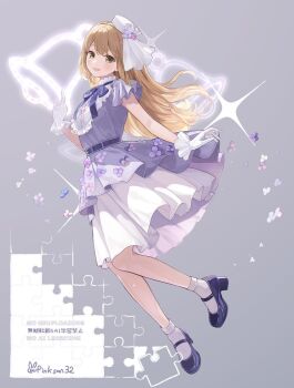 1girl :d belt bib_collar black_shoes blush bow bowtie brown_eyes brown_hair commentary double-parted_bangs dress dress_flower floating flower frilled_gloves frilled_shirt_collar frills from_side full_body gloves grey_background hat high_heels highres layered_dress long_hair looking_at_viewer mary_janes nijisanji official_alternate_costume open_mouth pillbox_hat pinkusan purple_belt purple_bow purple_bowtie purple_dress shoes short_dress short_sleeves sister_claire sister_claire_(10th_costume) skirt skirt_under_dress smile socks solo straight_hair symbol-only_commentary tilted_headwear twitter_username veil violet_(flower) virtual_youtuber white_gloves white_hat white_skirt white_socks