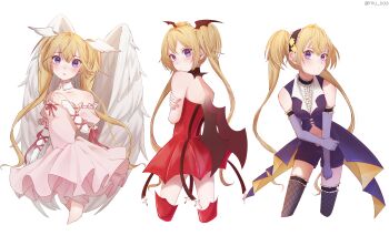Rule 34 | 3girls, angel wings, black choker, black headwear, black shorts, blonde hair, choker, dark jewel, demon wings, diamond hair ornament, dress, feathered wings, fishnet thighhighs, fishnets, gloves, head wings, highres, hoshina utau, long hair, long sleeves, looking at viewer, looking back, lunatic charm, mu ooa, multiple girls, multiple persona, pink dress, pink ribbon, purple eyes, purple gloves, purple shirt, red dress, ribbon, seraphic charm, shirt, shorts, shugo chara!, thighhighs, twintails, twitter username, white background, wings