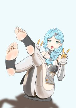 1girl :p absurdres barefoot blue_hair double_v feet feet_up green_eyes highres long_hair looking_at_viewer seed_(zenless_zone_zero) soles stirrup_legwear toeless_legwear toes tongue tongue_out v yagneste zenless_zone_zero