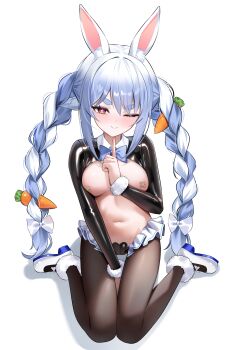 1girl ;) absurdres alternate_breast_size_(larger) animal_ears bandaid bandaids_on_nipples between_legs black_hiphighs black_shrug blue_bow blue_bowtie blue_hair bow bowtie braid breasts carrot_hair_ornament collared_shrug colored_shoe_soles commentary_request crossed_bandaids food-themed_hair_ornament full_body hair_ornament hand_between_legs heart_maebari highres hiphighs hololive latex_shrug looking_at_viewer maebari mary_janes medium_breasts multicolored_hair navel one_eye_closed pasties playboy_bunny rabbit_ears rabbit_girl red_eyes reverse_bunnysuit reverse_outfit shoes short_eyebrows shrug_(clothing) shuvi_(shuvi1125) sitting smile solo stomach thick_eyebrows twin_braids two-tone_hair usada_pekora virtual_youtuber white_hair white_shoes