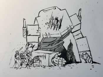 daniel_warren_johnson exhaust firing flag giant highres holding holding_flag holding_weapon joints lineart looking_down looking_up masked mechanical_arms optimus_prime pointing protecting pushing robot robot_joints simple_background soldier transformers weapon white_background