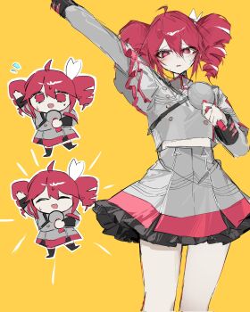 1girl ahoge border bow buttons chibi chibi_inset cowboy_shot double-breasted drill_hair flying_sweatdrops frilled_skirt frills grey_jacket grey_skirt hair_between_eyes hair_bow highres holding holding_microphone jacket kasane_teto kasane_teto_(sv) long_sleeves looking_at_viewer microphone midriff_peek miniskirt multiple_views musical_staff musical_staff_print open_mouth red_eyes red_hair red_trim shoulder_belt shoulder_boards sidelocks simple_background skirt sleeve_cuffs standing striped_clothes striped_jacket striped_skirt synthesizer_v tetoris_(synthesizer_v) twin_drills ummwa utau white_border white_bow yellow_background