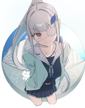 1girl arms_behind_back breasts eyepatch fisheye lize_helesta medium_breasts monitoring_(vocaloid) nijisanji ogura_tubuan purple_eyes virtual_youtuber white_hair