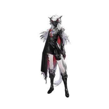 1girl animal_ears arknights arms_at_sides black_boots black_cape black_gloves black_jacket black_mask black_skirt black_theme boots cape cropped_jacket full_body gloves grey_socks high-waist_skirt highres huanxiang_heitu jacket knee_boots kneehighs lappland_(arknights) lappland_the_decadenza_(arknights) legs_apart long_hair long_sleeves looking_at_viewer mask masked material_growth necktie official_alternate_costume official_art open_mouth oripathy_lesion_(arknights) red_cape red_necktie shirt side_cape simple_background skirt socks solo square-end_necktie standing tachi-e tail third-party_source transparent_background turtleneck two-sided_cape two-sided_fabric white_hair white_shirt white_tail wolf_ears wolf_girl wolf_mask wolf_tail