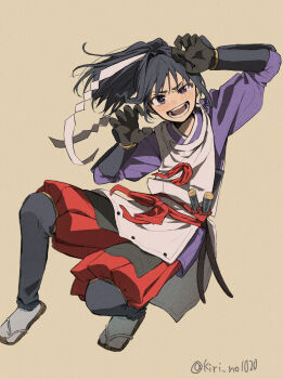 Rule 34 | 1boy, armor, artist name, baggy pants, belt, black gloves, black hair, blush, bow, brown background, brown sandals, commentary request, floating hair, full body, gloves, gohei, hands up, high ponytail, highres, houjou tokiyuki (nige jouzu no wakagimi), japanese armor, japanese clothes, kariginu, katana, kiri no1020, kote, kurokote, long hair, long sleeves, looking at viewer, male focus, nige jouzu no wakagimi, oonusa, open mouth, pants, ponytail, puffy long sleeves, puffy sleeves, purple eyes, purple shirt, red belt, red bow, red pants, sandals, shirt, simple background, smile, socks, solo, sword, teeth, v-shaped eyebrows, weapon, white socks
