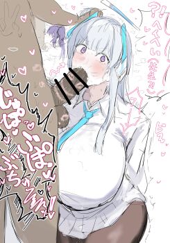 bar_censor blue_archive blue_hair blush breasts censored deepthroat drooling eyebrows fellatio heart huge_breasts large_breasts lipstick_mark long_hair mouth_hold necktie netorare noa_(blue_archive) oral pantyhose penis pubic_hair purple_eyes saliva saliva_trail sex stray_pubic_hair sweat thighs twintails white_hair yuuka_(blue_archive)