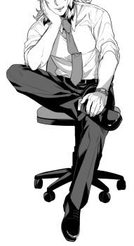 1boy belt belt_buckle buckle chair collared_shirt commentary_request contemporary crossed_legs full_body greyscale hand_on_own_cheek hand_on_own_face hashimoto_(yanagi-momo) head_out_of_frame head_rest highres kimetsu_no_yaiba long_hair looking_at_viewer male_focus monochrome multicolored_hair necktie on_chair open_mouth pants rengoku_kyoujurou shirt shoes simple_background sitting sleeves_rolled_up smile solo swivel_chair teacher two-tone_hair watch white_background wristwatch