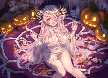 1girl absurdres bandaged_horn blue_eyes braid breasts candy claw_pose commentary_request draph food granblue_fantasy hair_ornament hair_over_one_eye halloween hands_up highres horns jack-o'-lantern keqikehe large_breasts long_hair looking_at_viewer mummy_costume nail_polish narmaya_(granblue_fantasy) open_mouth pink_hair pink_nails pointy_ears smile solo thighs very_long_hair