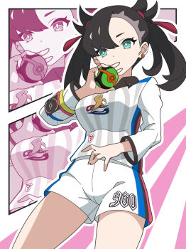 1girl alternate_breast_size_(larger) asymmetrical_bangs black_hair breasts commentary_request dusk_ball dynamax_band earrings green_eyes hair_ribbon highres holding holding_poke_ball jewelry kanbei_(pixiv11037490) large_breasts long_sleeves looking_at_viewer marnie_(pokemon) nintendo poke_ball pokemon pokemon_swsh ribbon shirt short_shorts shorts single_earring solo sportswear striped_clothes striped_shirt twintails undercut vertical-striped_clothes vertical-striped_shirt white_shirt white_shorts zoom_layer
