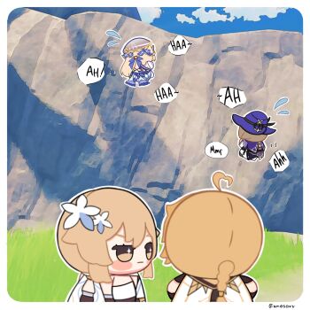 1boy 3girls :| aether_(genshin_impact) ahoge blonde_hair blush_stickers brown_hair chibi chibi_only climbing closed_mouth commentary day english_commentary flower from_behind genshin_impact grass hair_flower hair_ornament hat highres lisa_(genshin_impact) long_hair looking_at_another lumine_(genshin_impact) multiple_girls nicole_(genshin_impact) outdoors ponytail purple_hat rock short_hair_with_long_locks star_(symbol) star_in_eye symbol_in_eye twitter_username unosaki2 very_long_hair white_flower witch_hat yellow_eyes