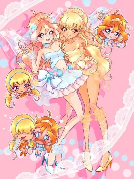 2girls adapted_costume arm_around_back arm_around_neck bad_id bad_twitter_id bare_legs bare_shoulders bead_bracelet beads bell blonde_hair bloom_(winx_club) blue_boots blue_bow blue_choker blue_eyes blue_flower blue_hairband blue_rose blue_shirt blue_shoes blue_skirt blue_sweater blue_wings blue_wrist_cuffs blush boots bow bracelet breasts brown_eyes chibi chocofish choker cleavage closed_mouth collarbone commentary crop_top cropped_torso dot_nose double_v english_commentary eyelashes fairy fairy_wings flower flustered frilled_anklet frilled_choker frilled_skirt frilled_wrist_cuffs frills full_body glitter gradient_bow hair_between_eyes hair_flower hair_ornament hair_tubes hairband happy heart heart_hands high_heels jewelry kiss kissing_cheek knees leg_ribbon lipstick long_sleeves looking_at_viewer low_twintails magical_girl makeup midriff miniskirt multiple_bracelets multiple_girls multiple_views navel neck_bell open_mouth orange_shorts outline pink_background pink_bow pink_flower pink_lips pink_rose ribbon rose see-through_clothes see-through_skirt see-through_wrist_cuffs shadow shirt shoes short_shorts shorts sidelocks sitting skirt sleeveless sleeveless_shirt smile stella_(winx_club) stiletto_heels strapless strapless_shirt sweater tan teeth tiara transparent_wings twintails two-tone_bow upper_teeth_only v waist_bow wavy_hair white_outline white_ribbon white_wings wide-eyed wings winx_club wrist_cuffs yellow_bow yellow_shirt yellow_shoes yellow_skirt yuri