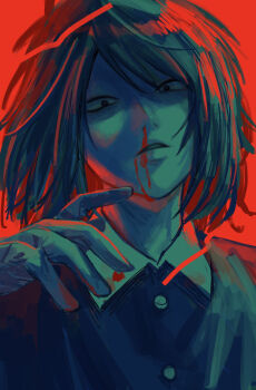 1boy blood commentary_request hand_up highres looking_at_viewer male_focus nil_(pixiv_53614557) nosebleed randal&#039;s_friends randal_ivory red_background short_hair simple_background solo upper_body