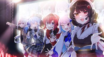 5girls :d ^_^ ange_katrina ange_katrina_(1st_costume) animal_ears belt belt_bow beret black_coat black_collar black_gloves black_jacket black_sash blue_belt blue_bow blue_eyes blue_hair blue_neckerchief blue_ribbon bow brown_hair brown_kimono brown_sweater_vest cardigan closed_eyes coat collar colored_inner_hair commentary_request dog_ears dot_nose dress fangs flower frills gloves glowstick grey_dress grey_hair grey_hat grey_skirt hair_between_eyes hair_flower hair_intakes hair_ornament hair_ribbon hat headset heterochromia high-waist_skirt highres higuchi_kaede higuchi_kaede_(1st_costume) hololive hoshimachi_suisei hoshimachi_suisei_(1st_costume) inui_toko inui_toko_(1st_costume) jacket japanese_clothes kimono lapels lize_helesta lize_helesta_(1st_costume) long_bangs long_hair long_sleeves looking_ahead looking_at_viewer maid_headdress miniskirt mitsumine_(ookami_no_oyashiro) multicolored_hair multiple_girls neckerchief necktie nijisanji notched_lapels obi obiage obijime off_shoulder one_eye_closed open_clothes open_jacket open_mouth outstretched_arm partially_fingerless_gloves penlight_(glowstick) plaid_clothes plaid_dress plaid_hat plaid_necktie plaid_skirt pleated_skirt ponytail purple_eyes purple_necktie raised_fist red_cardigan red_eyes red_hair ribbon sanbaka_(nijisanji) sash screen shirt short_dress short_hair short_sleeves shouting_with_hands shrug_(clothing) side_ponytail sidelocks skin_fangs skirt sleeves_past_wrists smile stage standing streaked_hair sweat sweater_vest teeth three-quarter_sleeves triangle_hair_ornament two-tone_hair upper_teeth_only very_long_hair virtual_youtuber waving white_hair white_headdress white_shirt white_shrug white_skirt yellow_eyes