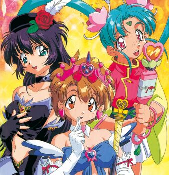 1990s_(style) aqua_eyes aqua_hair black_gloves black_hair brown_hair choker detached_collar earrings elbow_gloves facial_mark fingerless_gloves flower forehead_mark freckles gloves hair_flower hair_ornament hat hat_feather heart heart_earrings holding holding_wand jewelry kawai_sasami long_hair long_sleeves magical_girl mahou_shoujo_pretty_sammy masaki_sasami_jurai navel non-web_source official_art open_mouth orange_eyes pink_eyes pixy_misa pretty_sammy_(character) retro_artstyle short_hair tiara twintails wand white_gloves wide_sleeves