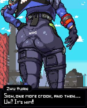 1girl ass baldur_89 english_text huge_ass instant_loss pixel_art police police_uniform policewoman solo zenless_zone_zero zhu_yuan