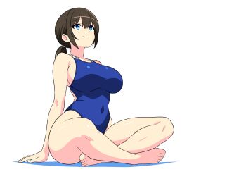 1girl absurdres barefoot black_hair blue_eyes blue_one-piece_swimsuit breasts commentary_request competition_swimsuit full_body highres indian_style large_breasts looking_up low_ponytail one-piece_swimsuit original ponytail simple_background sitting smile solo swimsuit tanikan0120 white_background