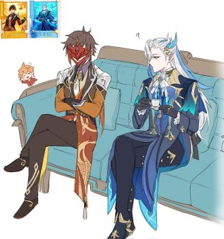 3boys ? chibi couch crossed_legs cup genshin_impact highres huachenchenchen mask masked masked_male multiple_boys neuvillette_(genshin_impact) official_art sitting tartaglia_(genshin_impact) teacup twitter zhongli_(genshin_impact)