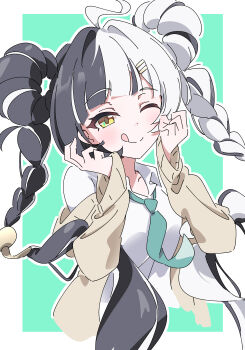 1girl absurdres ahoge alternate_costume black_hair border closed_mouth collarbone cropped_torso dialyn_(zenless_zone_zero) green_background green_necktie hair_intakes hair_ornament hairclip hashtag-only_commentary highres hutsugyou long_hair looking_at_viewer multicolored_hair necktie off_shoulder one_eye_closed shirt smile solo sparkling_eyes split-color_hair tongue tongue_out white_border white_hair white_shirt yellow_eyes zenless_zone_zero