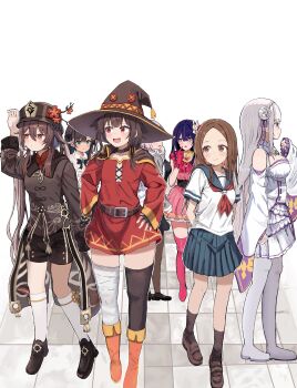 6+girls absurdres alina_clover asymmetrical_legwear bandaged_leg bandages belt black_gloves black_hair black_hat black_shorts black_socks blunt_bangs blush brown_hair buchi_(qooo003) commentary crossover dress emilia_(re:zero) fate/grand_order fate_(series) fingerless_gloves forehead full_body genshin_impact gloves grey_hair guild_no_uketsukejou_desu_ga_zangyou_wa_iya_nanode_boss_wo_solo_toubatsu_shiyou_to_omoimasu hat highres hoshino_ai hu_tao_(genshin_impact) idol_clothes karakai_jouzu_no_takagi-san kono_subarashii_sekai_ni_shukufuku_wo! looking_ahead mash_kyrielight megumin mismatched_legwear multiple_girls oshi_no_ko pink_dress pink_gloves purple_hair re:zero_kara_hajimeru_isekai_seikatsu red_dress school_uniform serafuku shorts sideways_glance smile socks star-shaped_pupils star_(symbol) symbol-shaped_pupils takagi-san takahashi_rie voice_actor_connection white_dress white_socks witch_hat