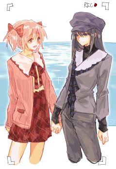 2girls akemi_homura black_hair bow cardigan commentary_request cropped_legs hair_bow hat highres holding_hands kaname_madoka long_hair long_sleeves looking_at_another mahou_shoujo_madoka_magica mahou_shoujo_madoka_magica_(anime) multiple_girls neck_ribbon neckerchief open_cardigan open_clothes open_mouth pants pink_eyes pink_hair plaid_clothes plaid_neckerchief plaid_skirt purple_eyes recording ribbon skirt smile turtleneck twintails viewfinder wlyuzu yuri