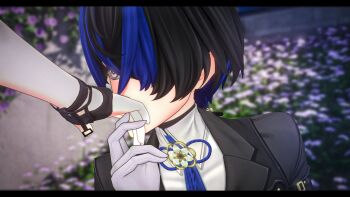 2girls 3d black_gloves commentary daffodill_(nte) english_commentary female_esper_zero_(nte) gloves highres kiss kissing_hand multicolored_hair multiple_girls neverness_to_everness two-tone_hair