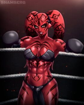 1girl abs alien arm_support armor bare_legs biceps bikini_armor black_gloves boxing boxing_gloves boxing_ring breast_tattoo breasts chest_tattoo cleavage colored_skin curvy darth_talon elbow_gloves facial_tattoo gloves gradient_background highres lekku_(anatomy) looking_at_viewer medium_breasts no_humans parted_lips pelvic_curtain red_eyes red_skin revealing_clothes shamserg shoulder_tattoo simple_background smile star_wars star_wars:_legacy tattoo toned toned_female twi&#039;lek wide_hips