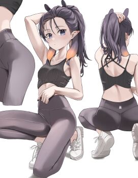 1girl absurdres alternate_costume arm_up armpits ass back black_nails blue_eyes breasts collarbone full_body highres hololive hololive_english looking_at_viewer messy midriff multiple_views nail_polish ninomae_ina&#039;nis pants pointy_ears ponytail purple_hair scarlet_(wv0102) shirt shoe_soles simple_background small_breasts sports_bra squatting tentacle_hair virtual_youtuber white_background white_shirt yoga_pants