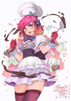 1girl 2018 apron artist_name back_bow black_bow black_corset blue_gemstone bow bowtie breasts buttons candy chef_hat chocolate chocolate_heart cleavage cleavage_cutout clothing_cutout commentary corset cowboy_shot detached_sleeves english_commentary eyelashes flower food food-themed_creature frilled_apron frilled_skirt frilled_sleeves frills gem gem_hat_ornament gloves gradient_hair grey_shirt hair_bow hair_ornament happy happy_valentine hat heart heart-shaped_food heart_cutout heart_hair_ornament highres holding holding_spatula large_breasts light_blush looking_at_viewer medium_hair miniskirt multicolored_hair open_mouth orange_hair original patipat_asavasena pink_flower pink_gloves pink_hair pink_rose pink_thighhighs procreate_(medium) puffy_short_sleeves puffy_sleeves purple_bow purple_bowtie purple_skirt purple_wrist_cuffs rose shirt short_sleeves single_stripe skirt smile solo spatula standing strapless strapless_shirt striped_bow striped_bowtie striped_clothes swept_bangs teeth thighhighs upper_teeth_only valentine waist_apron white_apron white_background white_hat white_sleeves wrist_cuffs yellow_eyes zettai_ryouiki