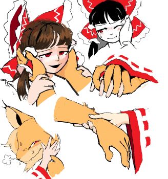 1boy 1girl artist_request bow detached_sleeves frilled_bow frills furry furry_male hair_bow hair_tubes hakurei_reimu highres jackal jackal_boy thundercats touhou yuyushi