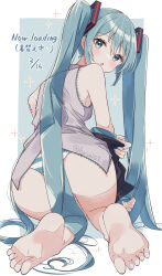 Rule 34 | 1girl, absurdres, ass, bare legs, barefoot, blue background, blue eyes, blue hair, blue nails, blush, border, feet, from behind, grey shirt, hair ornament, hasei (hasei01), hatsune miku, highres, kneeling, long hair, looking at viewer, looking back, nail polish, open mouth, panties, shirt, sleeveless, sleeveless shirt, soles, solo, striped clothes, striped panties, toes, twintails, twitter username, underwear, very long hair, vocaloid, white border