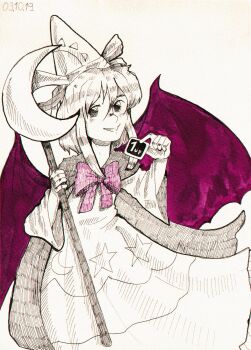 Rule 34 | 1girl, 1up, 2019, absurdres, bat wings, bow, bowtie, commentary, cosplay, dated, dress, dungeon toaster, english commentary, hat, hat ribbon, highres, holding, holding staff, long sleeves, looking at viewer, medium hair, mima (touhou), mima (touhou) (cosplay), open mouth, red bow, red bowtie, ribbon, shinki (touhou), simple background, solo, spot color, staff, teeth, touhou, touhou (pc-98), traditional media, white background, wide sleeves, wings