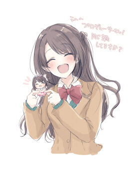 Rule 34 | 1girl, :d, baran. (ba ra ran), blazer, blush, bow, bowtie, brown hair, brown jacket, character doll, closed eyes, cropped torso, doll, facing viewer, highres, holding, holding doll, idolmaster, idolmaster cinderella girls, jacket, lapels, long hair, long sleeves, notched lapels, one side up, open mouth, red bow, red bowtie, shimamura uzuki, simple background, smile, solo, teeth, translation request, upper teeth only, white background