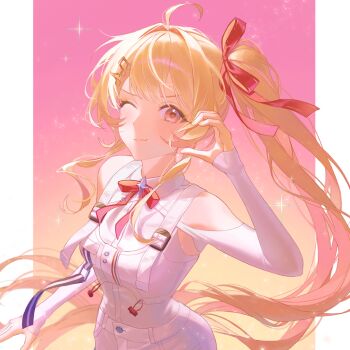 Rule 34 | 1girl, ahoge, bare shoulders, blonde hair, blush, bow, bowtie, breasts, closed mouth, clothing cutout, collared dress, commentary, dress, fortissimo, gradient background, hair ornament, hair ribbon, half-heart hands, hand up, heart, highres, hololive, hololive dev is, long hair, long sleeves, looking at viewer, medium breasts, musical note, musical note hair ornament, official alternate costume, one eye closed, otonose kanade, otonose kanade (regloss uniform), pillarboxed, pink background, red bow, red bowtie, red eyes, red ribbon, ribbon, roha (2r0ha1745), shoulder cutout, side ponytail, sidelocks, smile, solo, sparkle, v-shaped eyebrows, very long hair, virtual youtuber, white dress