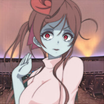 1girl blue_skin breasts brown_hair colored_skin hair_ribbon hat large_breasts long_hair looking_at_viewer open_mouth photo_background pink_shirt planetarium ponytail purple_ribbon red_eyes red_hat ribbon shirt short_sleeves side_ponytail sidelocks standing t_jiroo_(ringofriend) turtleneck turtleneck_shirt upper_body yuugiri_(zombie_land_saga) zombie zombie_land_saga