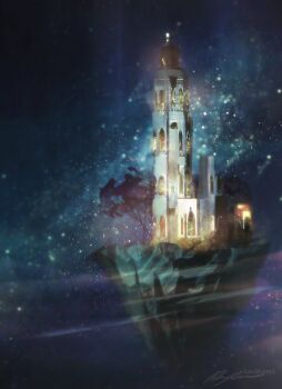 castle dark floating_castle floating_island milky_way no_humans original outdoors painterly scenery space star_(sky) tower tree wind zandra