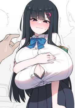 1girl akitokage arm_support black_hair blush bow bowtie bra bra_peek breast_suppress breasts bursting_breasts button_gap cleavage collared_shirt commentary_request deep_skin disembodied_hand embarrassed gigantic_breasts hair_ornament hairclip highres leaning_forward long_hair looking_at_viewer nozomi_(akitokage) original pov pov_hands purple_eyes revision school_uniform shirt shirt_tucked_in sidelocks skirt solo_focus underwear wardrobe_malfunction wavy_mouth white_shirt