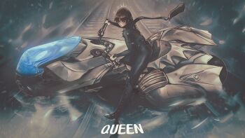 1girl absurdres black_scarf blue_bodysuit bodysuit braid brown_hair chapinor character_name closed_mouth crown_braid from_side full_body gloves highres joanna_(persona_5) looking_at_viewer motor_vehicle motorcycle niijima_makoto on_motorcycle persona persona_5 queen_(persona_5) red_eyes scarf short_hair shoulder_spikes sitting solo spikes white_gloves