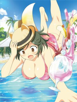 1girl :o animal_hat apple apple_slice ass beach bikini black_hair blue_sky blush breasts brown_eyes cat_hat chair cleavage day deck_chair drink drinking_straw falling floral_print floral_print_bikini folding_chair food fruit hand_on_headwear hat highres ice kneepits large_breasts lounge_chair mai_(senran_kagura) ocean official_art open_mouth palm_tree pink_bikini pink_sash plant print_bikini sash senran_kagura senran_kagura_new_wave shiny_skin shore short_hair sky solo sparkle surprised swept_bangs swimsuit tree trilby tropical tropical_drink umbrella waist_sash water white_umbrella