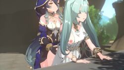 1futa 1girl 3d animated aqua_hair arched_back arm_support ass_grab bent_over blinking blue_hair bottomless bouncing_breasts bracelet breasts clothed_sex day faruzan_(genshin_impact) from_behind futa_with_female futanari genshin_impact green_eyes hairdressing highres hood horizontalslope jewelry layla_(genshin_impact) leaning_forward medium_breasts medium_penis nature nipples no_bra no_panties one_breast_out open_clothes open_mouth penis ponytail pov pov_breasts pov_hands sex sex_from_behind side_ponytail sound standing standing_sex table twintails uncensored video yellow_eyes