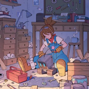 1girl apple battery blue_overalls blueprint_(object) book boots brown_hair clock closed_eyes cup drawer food fruit gears gloves goggles goggles_on_head highres holding holding_screwdriver lamp light_smile mechanic mug non-humanoid_robot nut_(hardware) on_floor original overalls paint_can paintbrush plank ponytail red_scarf robot scarf screwdriver shirt short_sleeves sitting solo stool table toolbox trash_can typewriter underpalewater white_shirt wrench yellow_boots yellow_gloves