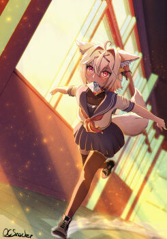 1girl absurdres ahoge animal_ear_fluff animal_ears artist_name bell black_bodysuit black_ribbon black_shoes black_thighhighs blue_sailor_collar blue_skirt blurry blurry_background bodysuit bodysuit_under_clothes cat_ears cat_girl cat_tail collared_shirt commentary english_commentary eyelashes filian_(vtuber) full_body hair_bell hair_between_eyes hair_intakes hair_ornament hair_ribbon highres indie_virtual_youtuber indoors light_particles mouth_hold naruto_run neckerchief ocsnacker outstretched_arms pink_eyes red_neckerchief ribbon rindo_(vrchat) running sailor_collar school_uniform serafuku shirt shoelaces shoes short_sleeves signature skirt solo spread_arms tail thighhighs virtual_youtuber welch&#039;s white_hair white_shirt window