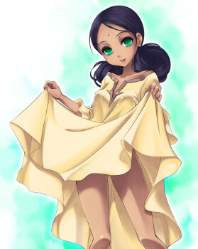 1girl bindi black_hair clothes_lift dark-skinned_female dark_skin dress dress_lift female_focus green_eyes gundam indian lalah_sune long_hair mobile_suit_gundam mytyl no_panties skirt skirt_lift solo